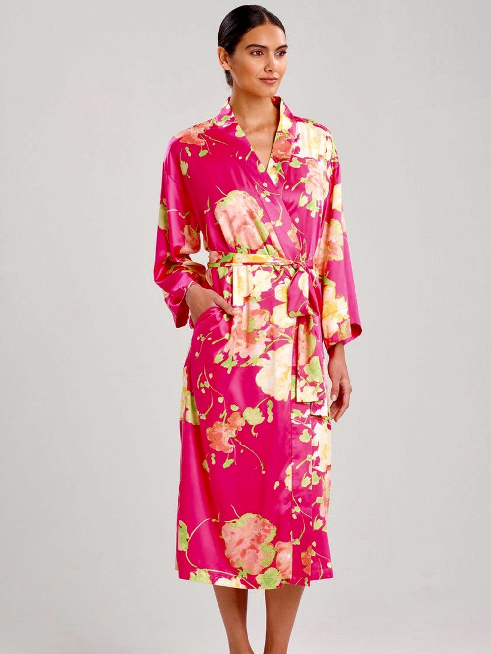 🌸 N NATORI Bouquet-Printed Matte Satin Robe 🌸